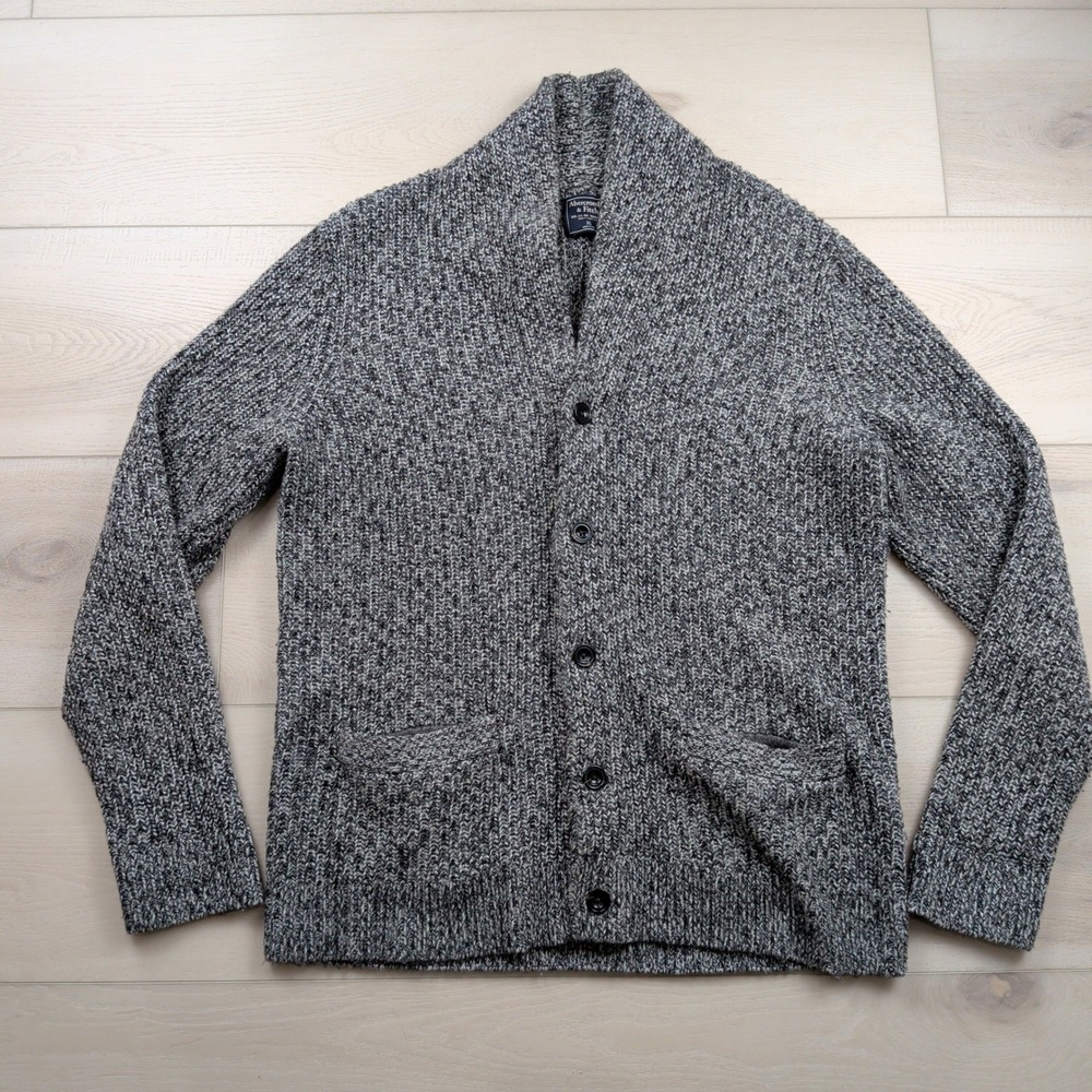 Abercrombie & Fitch Mens XL Gray Chunky Shawl Collar Wool Blend Cardigan Sweater
